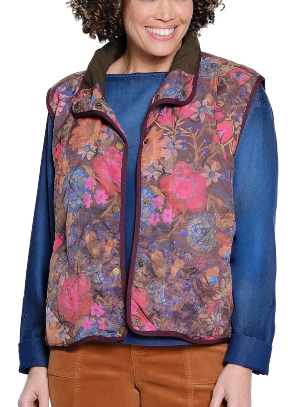 NATURAL LIFE Brown Floral Quilted Vest with Pink & Blue Accents